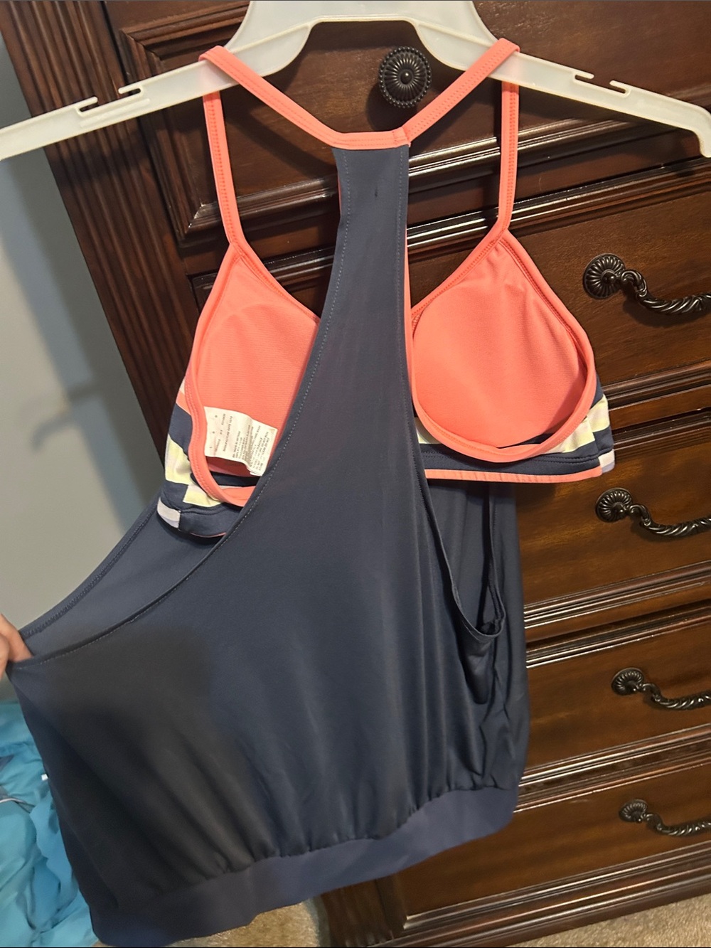 Nike Navy and Coral Striped Shoulder Athletic Tank - Picture 2 of 5